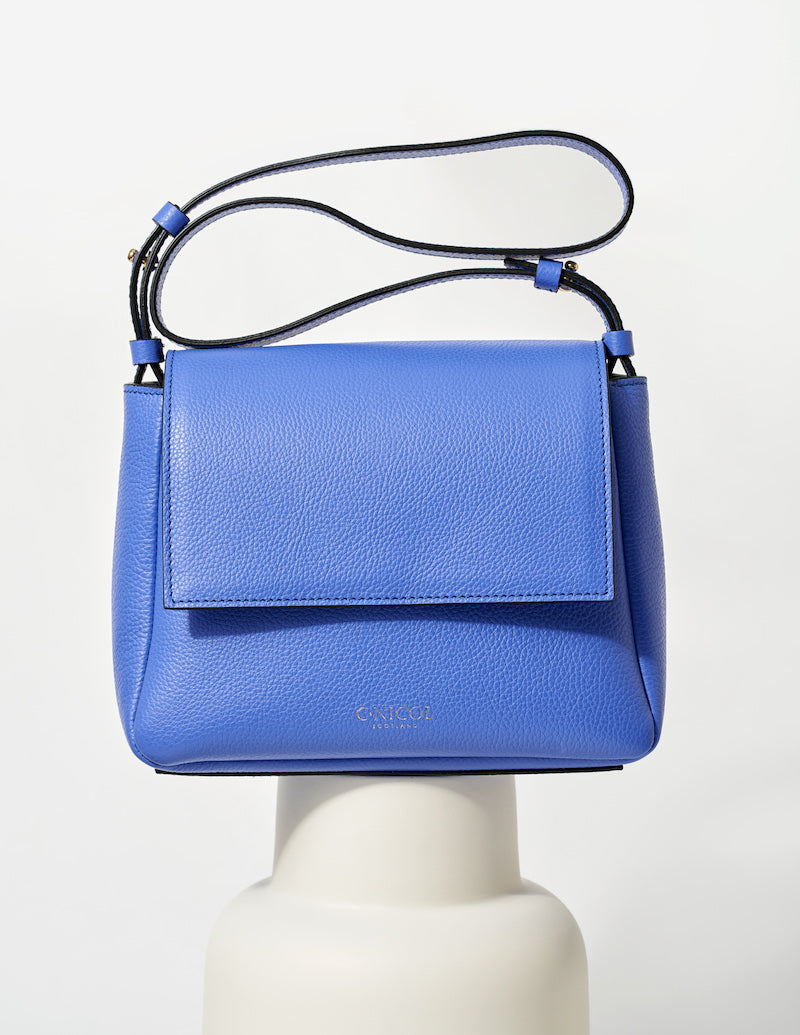 CNicol Blue Leather Fia Bag on White Base