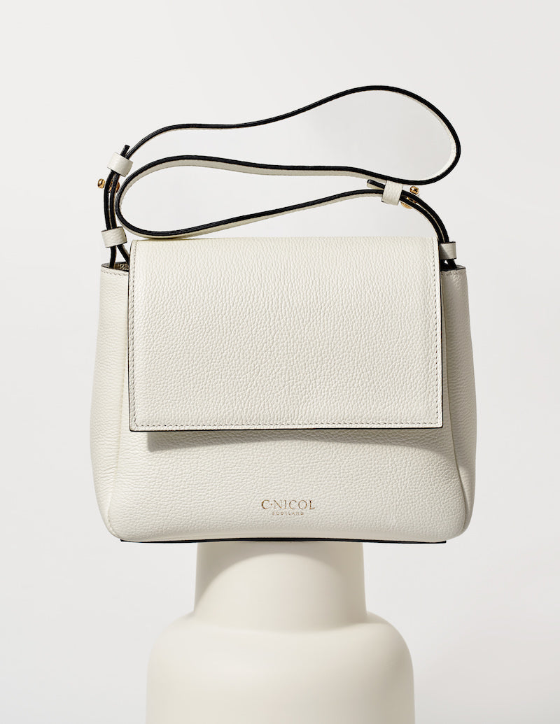CNicol White Leather Fia Bag on White Base