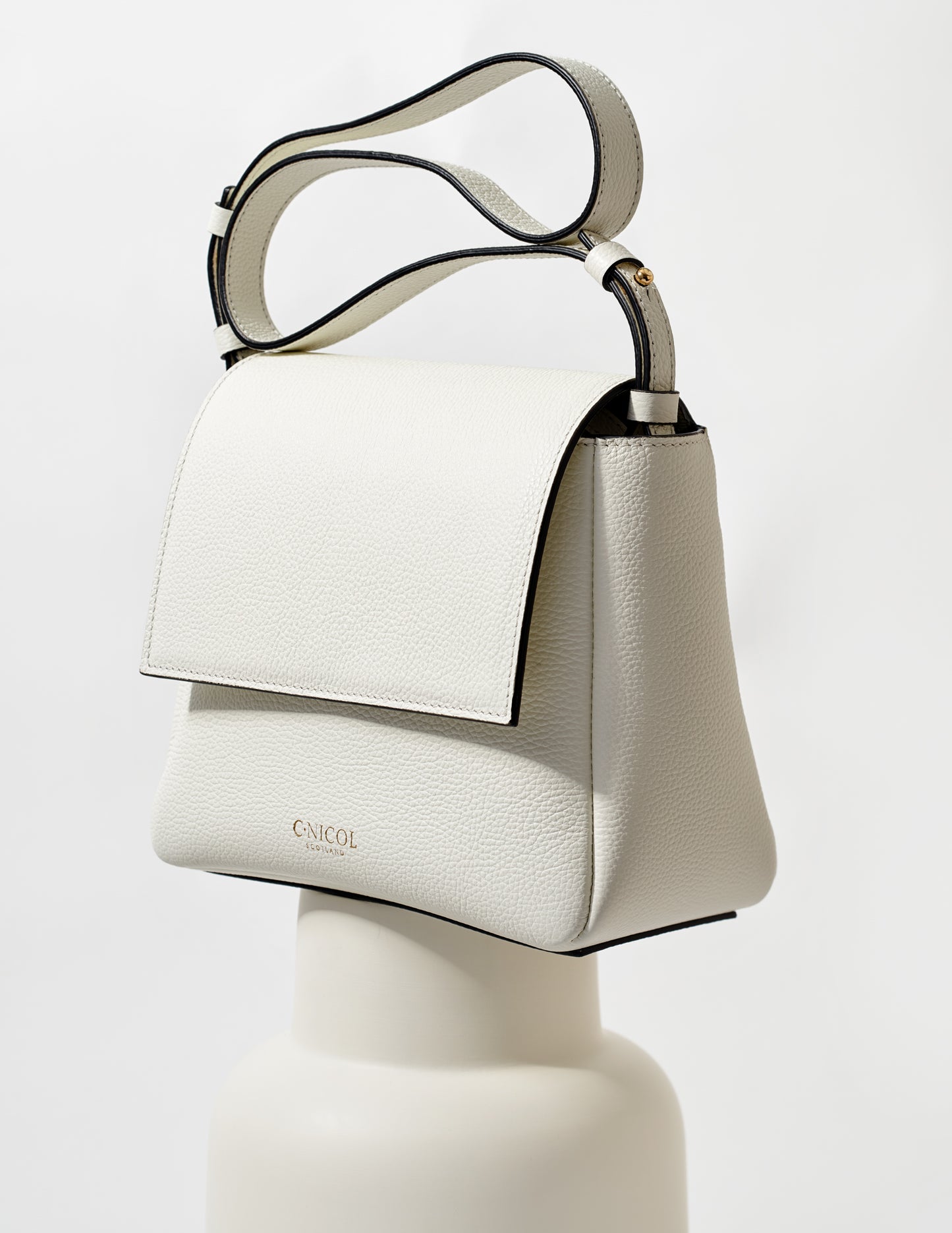 CNicol White Leather Fia Bag on White Base