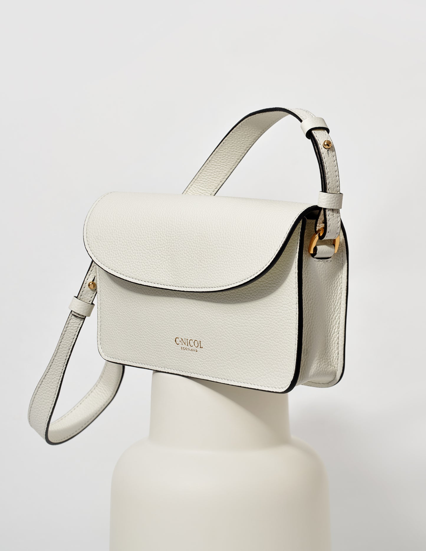 CNicol White Leather Kate Bag on White Base