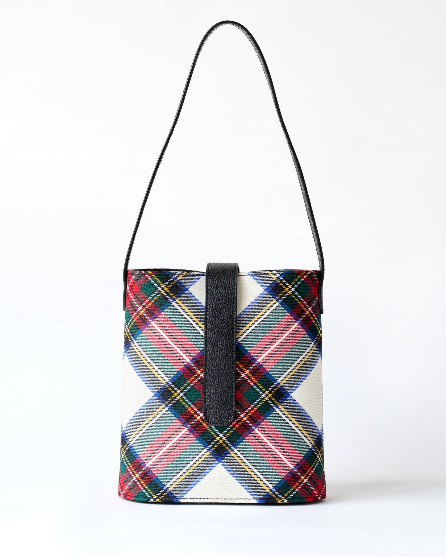 tartan bucket bag with black leather