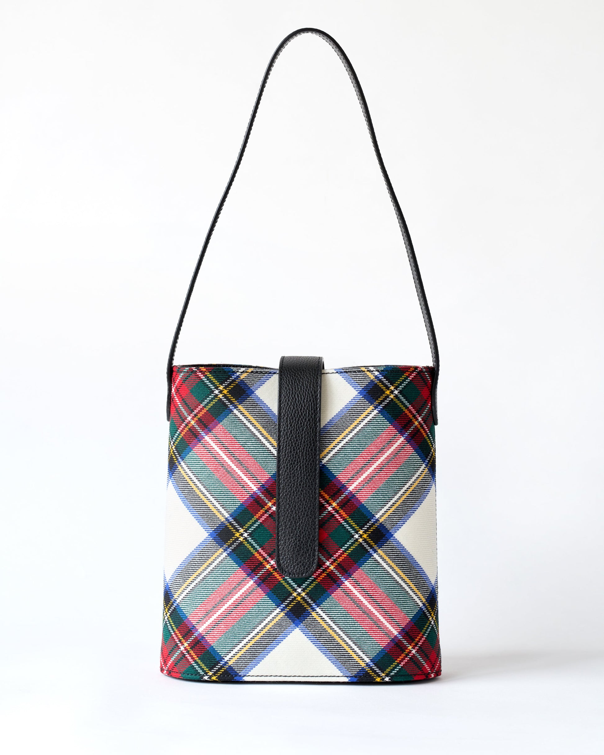 tartan bucket bag with black leather