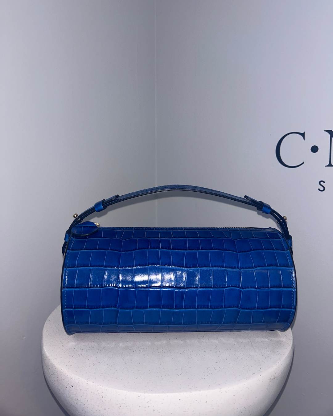 CNicol Blue Leather Croc Evie Bag on White Base