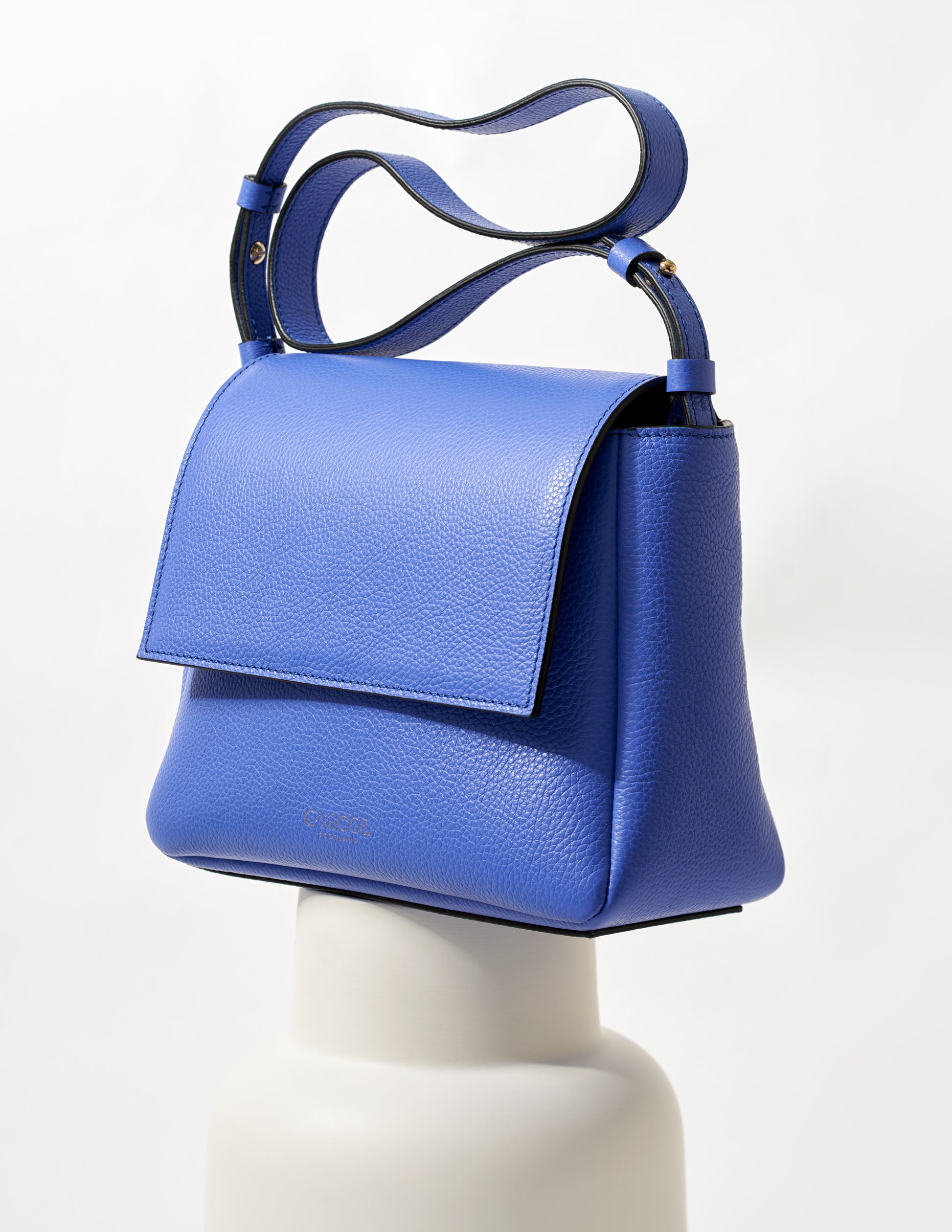 CNicol Blue Leather Fia Bag on White Base