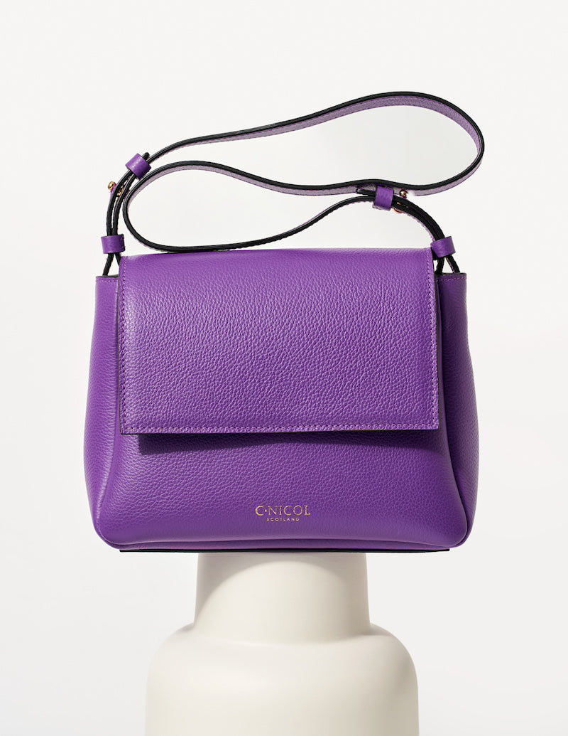 CNicol Purple Leather Fia Bag on White Base