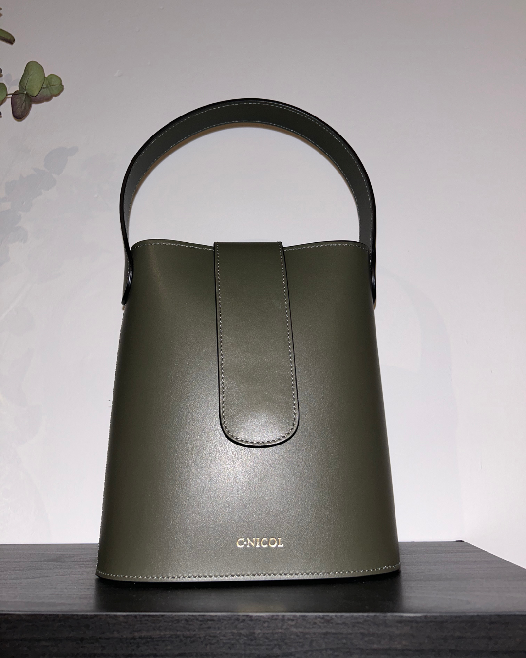 CNicol Green Leather Holly Bag on Dark Wooden Surface beside Eucalyptus