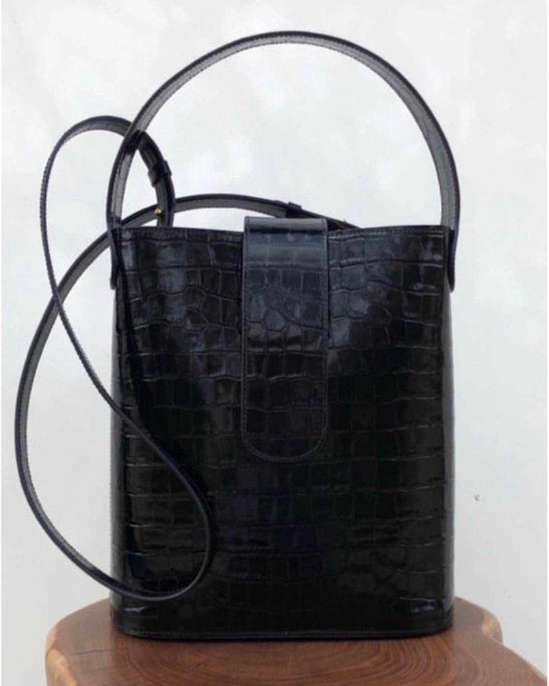 CNicol Black Croc Leather Holly Maxi Bag on Brown Wooden Base