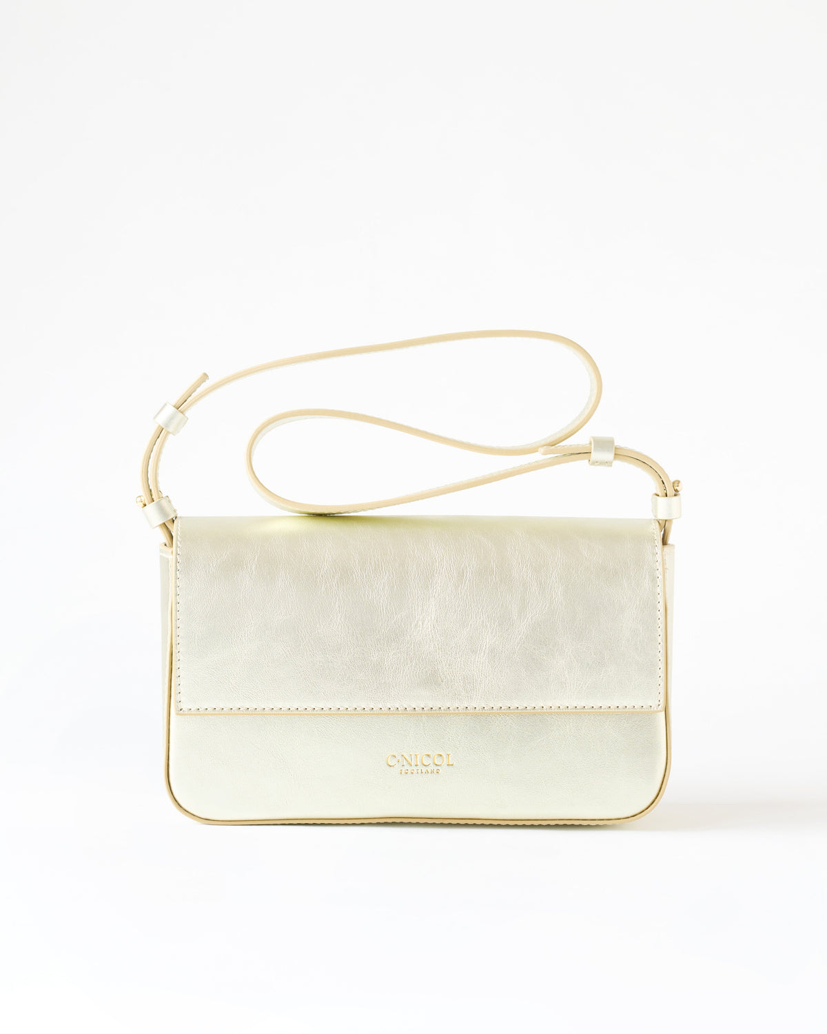 Front view of a C.Nicol Scotland metallic leather handbag, with an adjustable strap and gold detailing, pictured on a white background