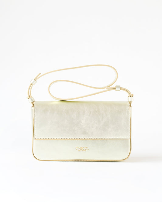 Front view of a C.Nicol Scotland metallic leather handbag, with an adjustable strap and gold detailing, pictured on a white background