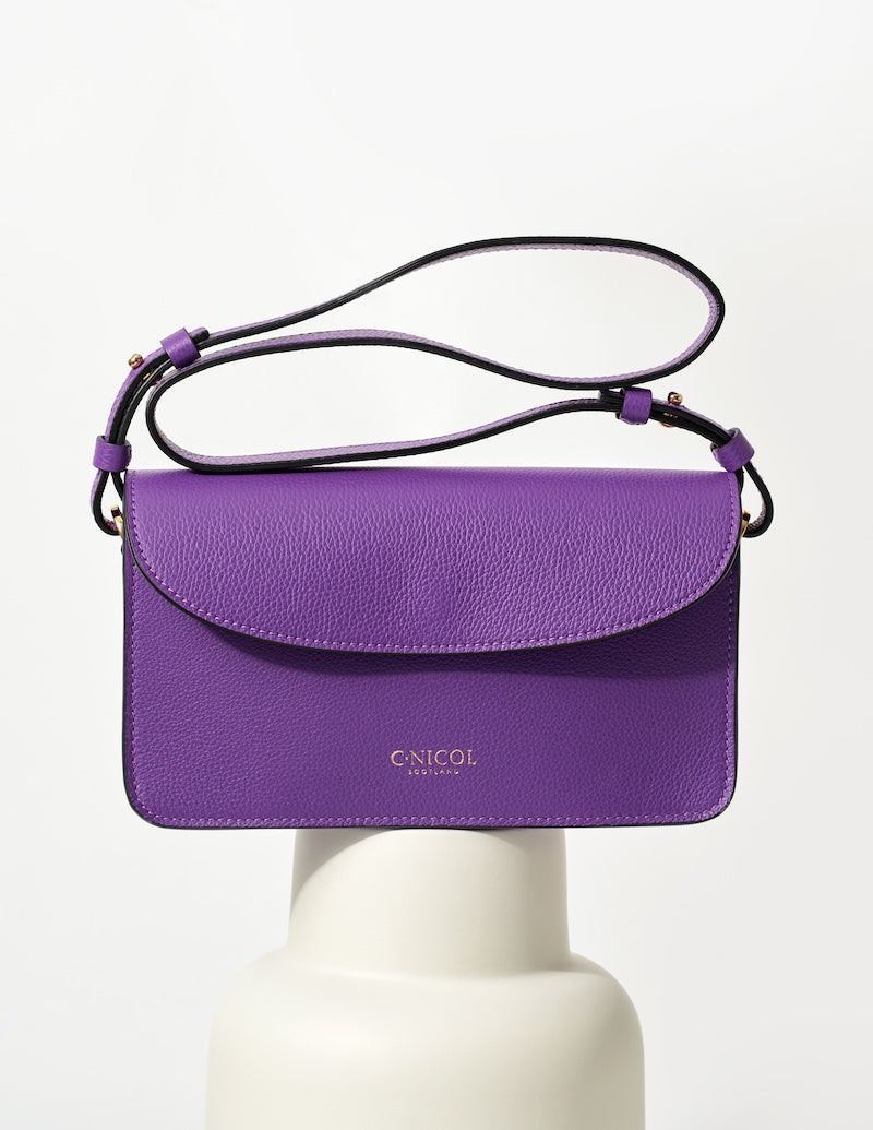 CNicol Purple Leather Kate Bag on White Base