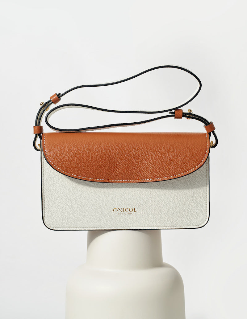 CNicol White and Tan Leather Kate Bag on White Base
