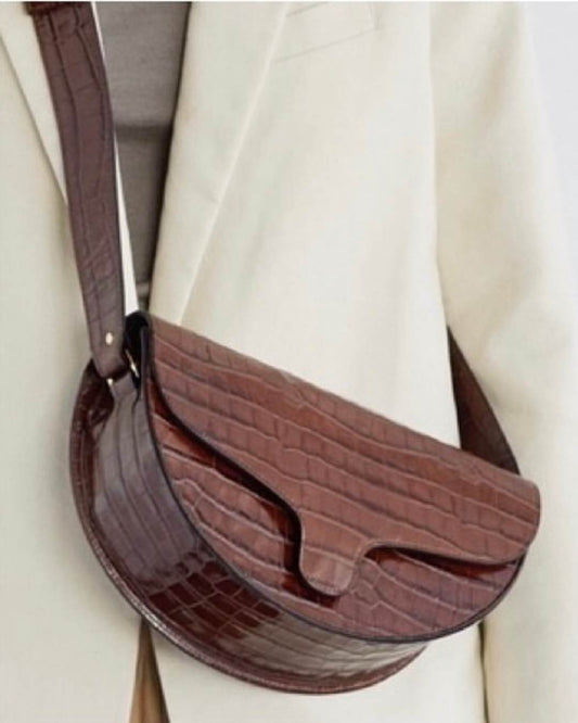 CNicol Brown Croc Leather Lily Maxi Bag Worn by Model in White Blazer