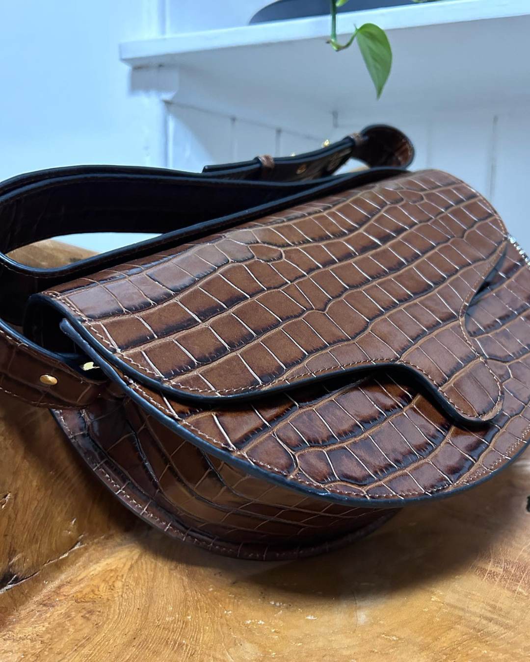 CNicol Brown Croc Leather Lily Maxi Bag on Brown Wooden Base