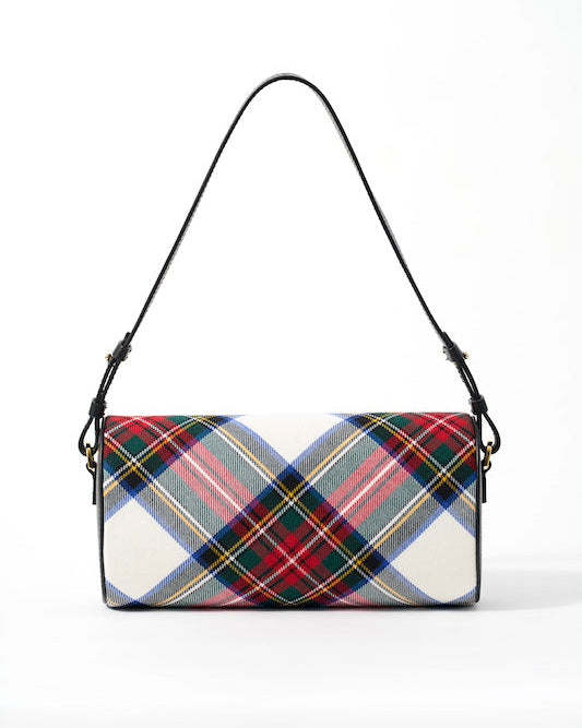 A shoulder bag with a red, blue, and white tartan pattern and a black strap.